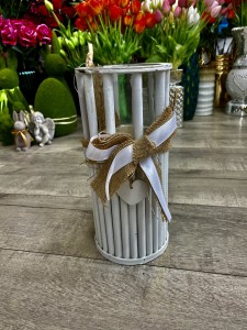 Lampion drewniany biały  kokarda 35